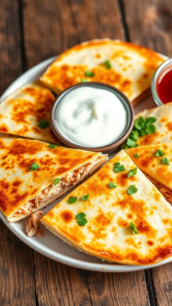 A plate of cheesy chicken quesadillas cut into wedges, served with sour cream and salsa.